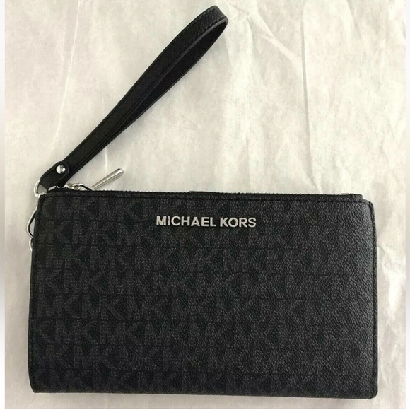 New Michael Kors Jet Set Travel Double zip wristlet wallet PVC Black - Picture 1 of 7
